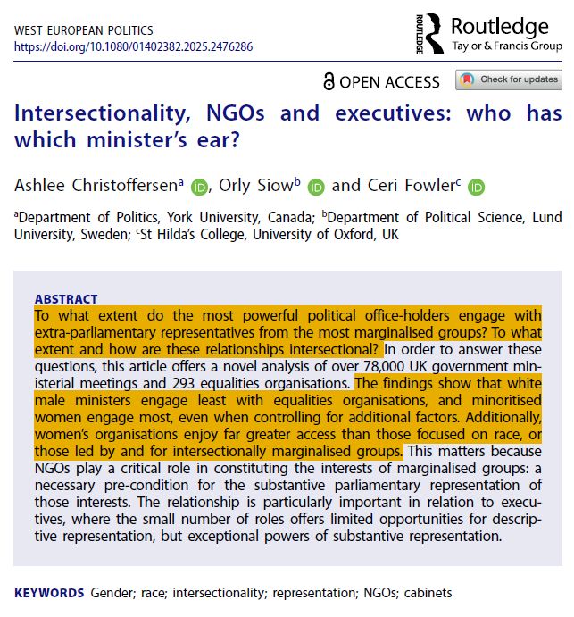 Abstract of the article "Intersectionality, NGOs and executives: who has which minister's ear?" by Ashlee Christoffersen, Orly Siow and Ceri Fowler. Published online first in West European Politics.