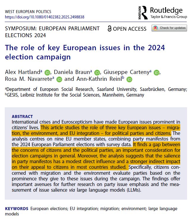 Abstract of the article "The role of key European issues in the 2024 election campaign" by Alex Hartland, Daniela Braun, Giuseppe Carteny, Rosa M. Navarrete and Ann-Kathrin Reinl.

Published online first in West European Politics.