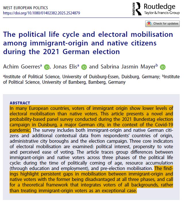Abstract of the article "The political life cycle and electoral mobilisation among immigrant-origin and native citizens during the 2021 German election" by Achim Goerres, Jonas Elis and Sabrina Jasmin Mayer. Published online first in West European Politics.