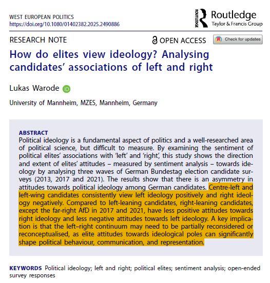 Abstract of the article "How do elites view ideology? Analysing candidates’ associations of left and right" by Lukas Warode. Published online first in West European Politics.
