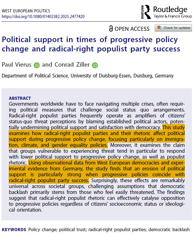 Abstract of the article "Political support in times of progressive policy change and radical-right populist party success" by Paul Vierus and Conrad Ziller. Published online first in West European Politics.
