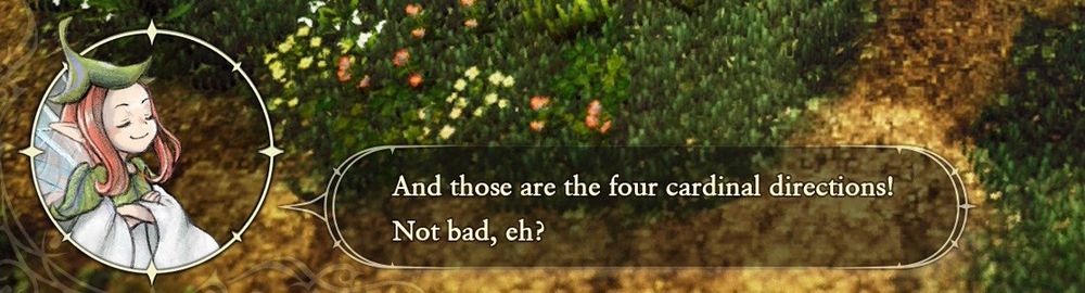 Dialogue from The Adventures of Elliot. The textbook reads “And those are the four cardinal directions! Not bad, eh?”