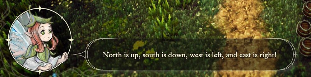 Dialogue from The Adventures of Elliot. The textbook reads “North is up, south is down, west is left, and east is right.”