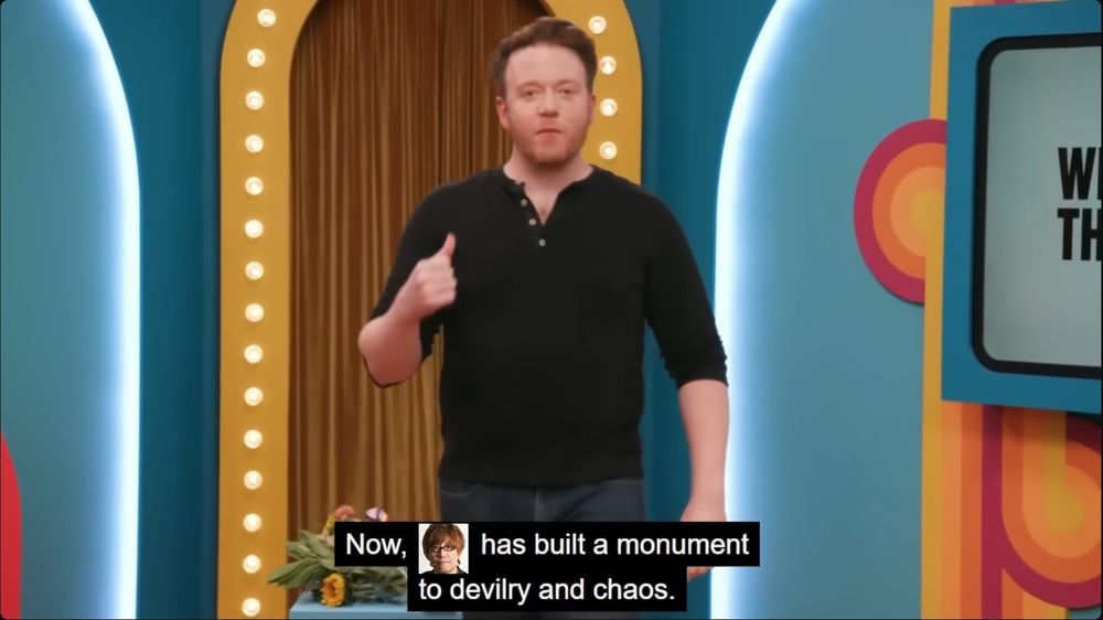 A screenshot of Brennan Lee Mulligan giving a monologue from Game Changer. The caption reads "Now, Sam has built a monument to devilry and chaos," but the name Sam has been replaced with Naoki Yoshida's face.