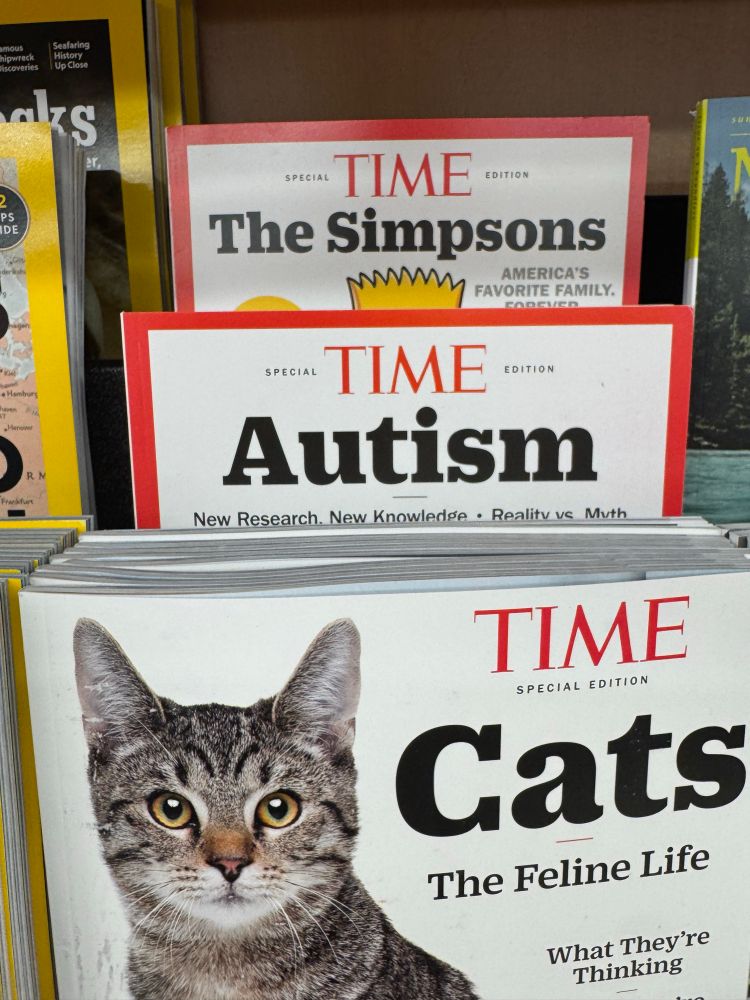 Three Time Special Edition issues on display at the grocery store, from top to bottom: The Simpsons, Autism, Cats