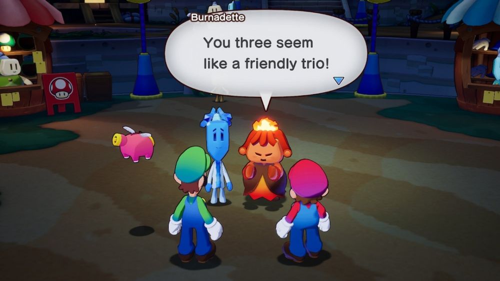 Screenshot of Mario and Luigi Brothership. shows the brothers in conversation with some NPCs