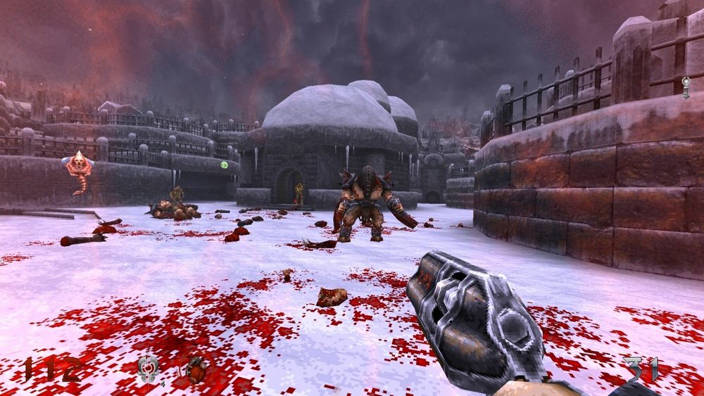 A bloodstained snowy ground covered with roaming enemies to blast in WRATH