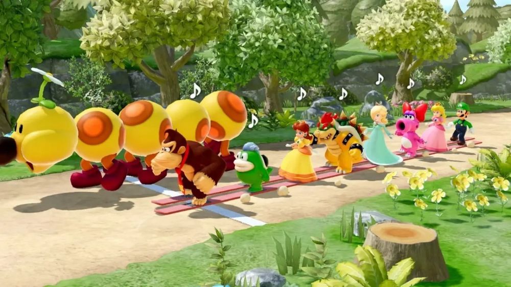 Cubed3 review: Mario Party Jamboree. Image: The cast racing wiggler