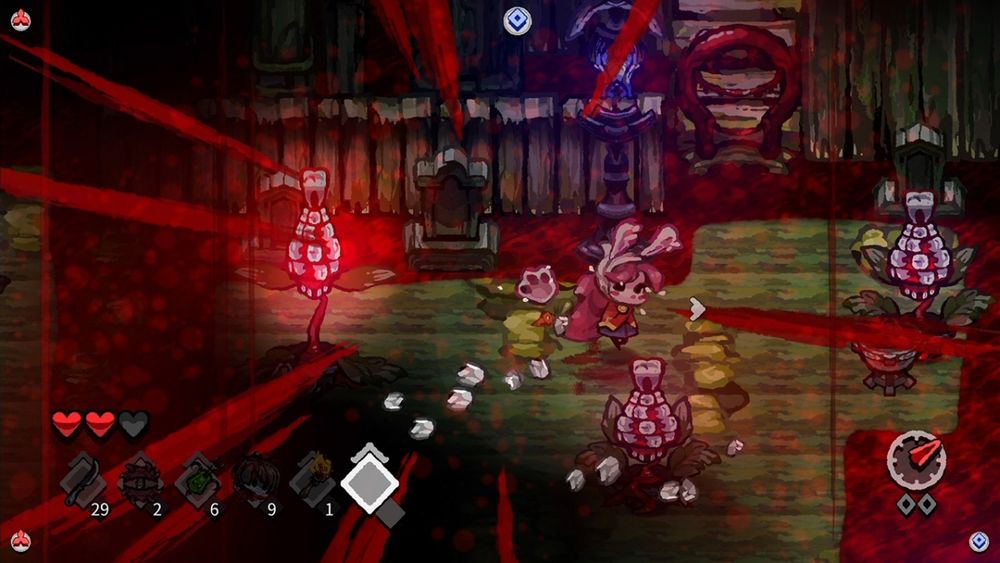 Screenshot of Before the Night gameplay. Depicts a cutsey art style with a bloody backdrop