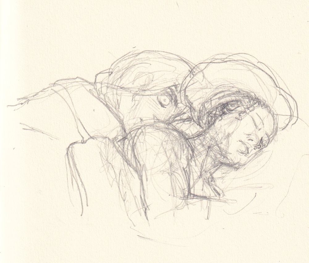 pencil sketch of Nadine sleeping soundly while Chloe, wide awake behind her, is blushing looking at her arms and neck