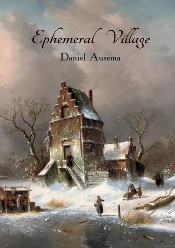 Ephemeral Village cover art, traditional Dutch building in winter, under a cloudy sky