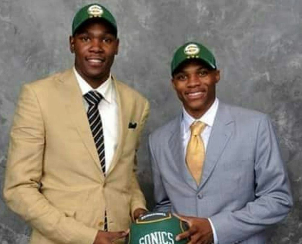 Kevin Durant and Russell Westbrook, both of the Seattle SuperSonics in 2008, just prior to the move to Oklahoma City.