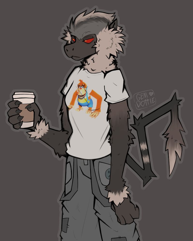 My baboon fursona, in baggy pants and a white shirt with Lanky Kong on it, holding a large takeaway cup of coffee