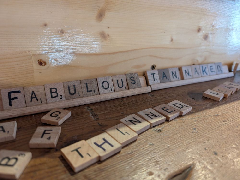 Scrabble tiles spell out "Fabulous. Tan naked. Thinned sexy."