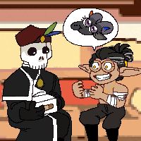 The Wither Lord Lich is being asked to hold the medic kit while he's listening to his friend rambling about the party, especially the Minotaur 

the high elf still look unhappy yet smiling.