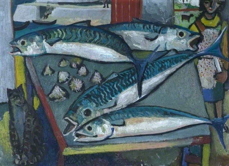 Still life painting of four mackerel on a table. The cook is in the background. A tabby cat lurks under the table looking perfectly innocent.