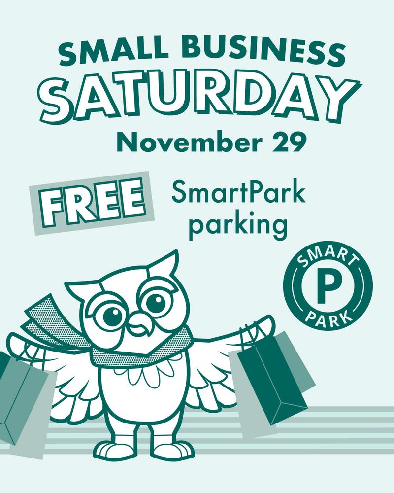 A cartoon owl holds shopping bags with the words "Small business Saturday November 29 Free Smart Park Parking