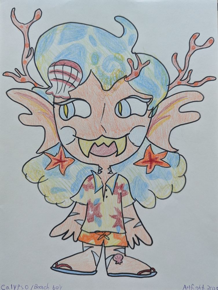 A marker and colored pencil caricature of a character named Calypso. They have sandy skin, fluffy hair that mimics the color, texture, and shape of waves, large hands and feet, and large fins on their head. They are wearing a button-down Hawaiian print shirt, orange star-patterned swim trunks, and blue flip-flops. Their hair is adored with seashells, starfish, and coral branches. They have very large fangs.