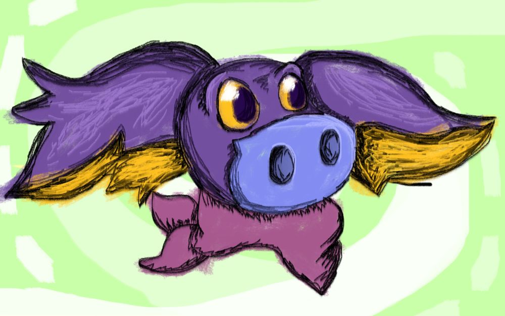 A purple creature with giant ears (yellow on the inside), a big blue nose, yellow eyes and a light purple handkerchief. The linework is scratchy and the shading is done through hatching. The background in green swirls. 
