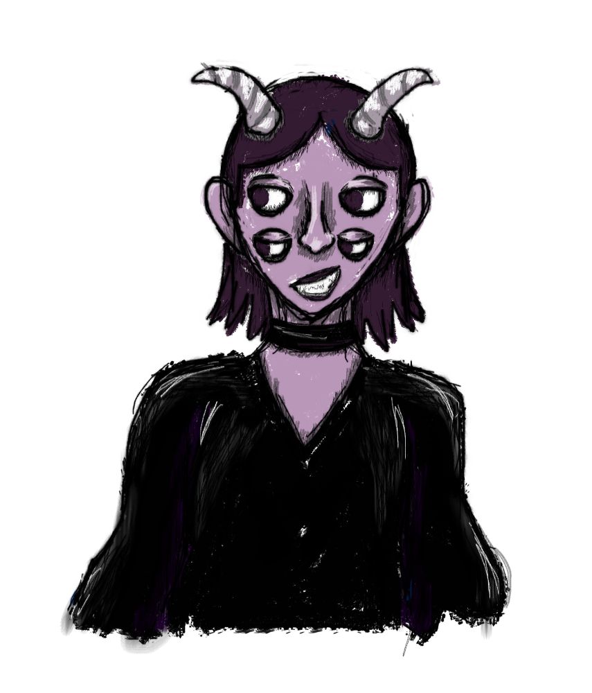A non-human but humanoid creature with shoulder length purple hair and light purple skin. They have four eyes, a long nose, and a toothy smirk. They also have horns and a black dress with matching choker.