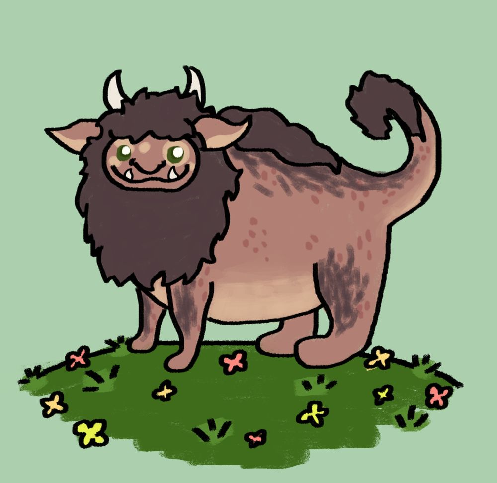 A chunky, four legged troll with fluffy hair and mane, big ears, and horns. She has light brown skin and dark brown fur patches on her legs. She has a wide nose, green eyes, and an underbite and is standing on a patch of flowers and grass.