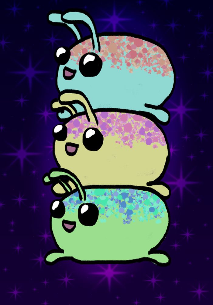 Three round creatures with big black eyes, stubby rounded legs, and bulbous antenna. One is light green with blue spots on its back, one is yellowish with purple spots, and the top one is light blue with pink spots. They sit on top of each other with a dark purple, sparkly background