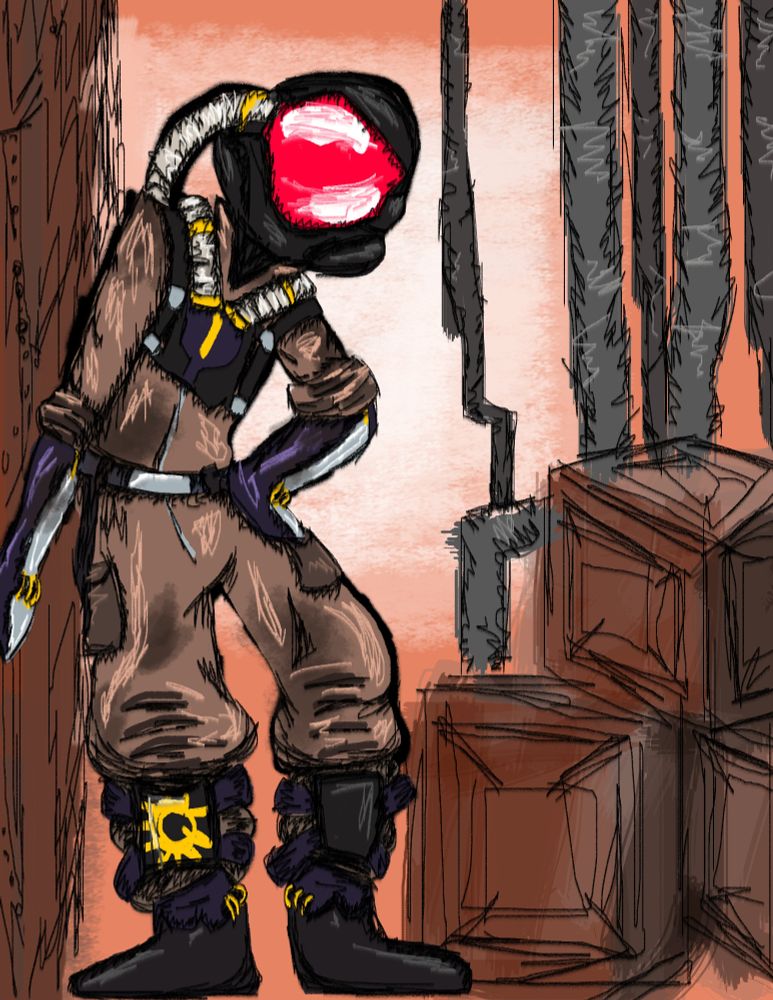 Catchpole: a person in a baggy brown jumpsuit with black boots, dark purple gloves, and lots of panels, guards, straps, and tubes and a black full-head helmet with red glass. They stand in a vaguely industrial area with rust colored walls, some crates, and pipes. 