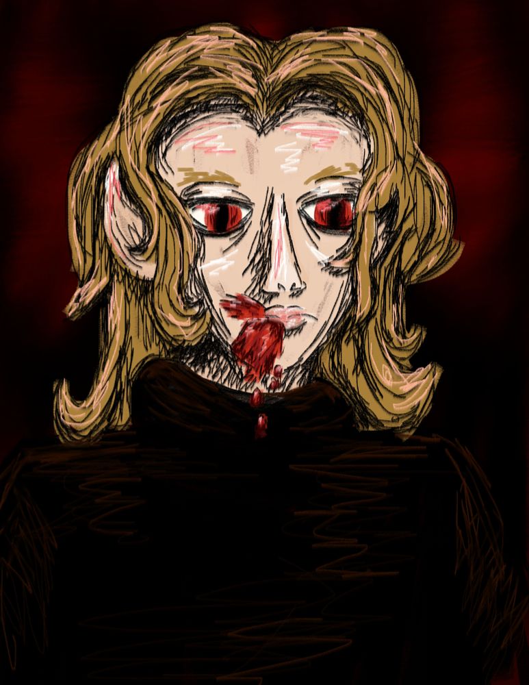 A pale man with long blonde hair, big pointy ears, red eyes, and blood smeared around his mouth. His black shirt blends into the dark red background