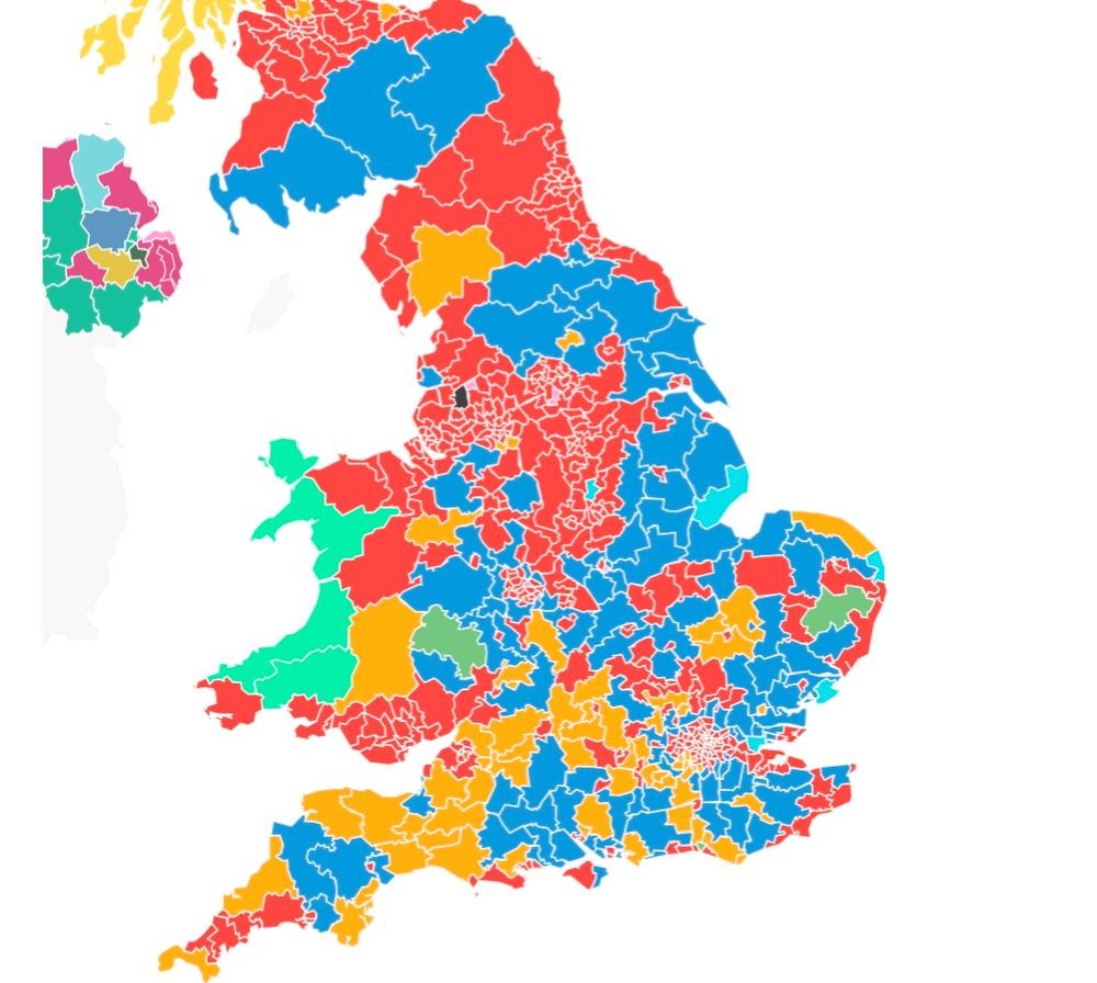 Electroal maps of the UK by BBC for 2024. Showing large sections of rural England and Wales not voting labour. 