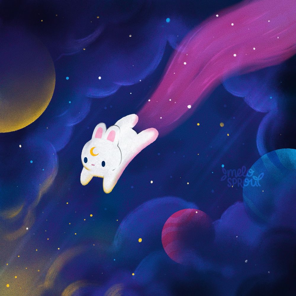 A white bunny with a moon on its forehead hopping through space towards a yellow light. The bunny is surrounded by stars, clouds, and planets.