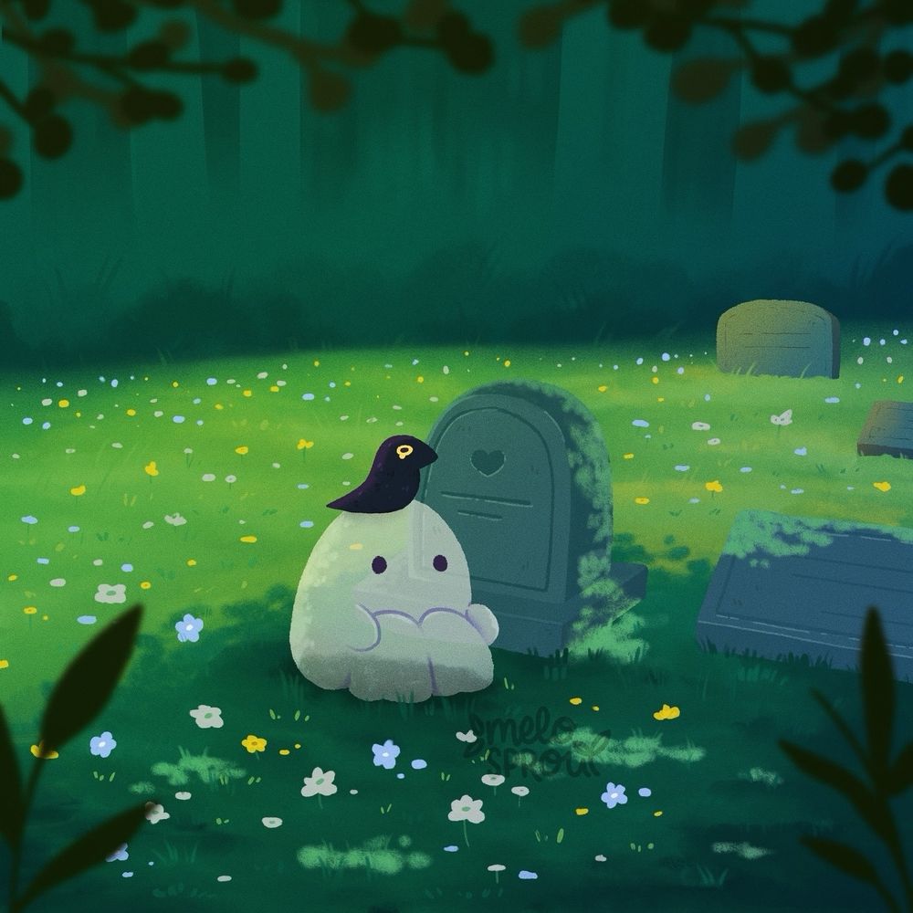 A ghost sitting in a graveyard in front of a headstone. A crow sits on its head. They are surrounded by lush green grass and flowers.