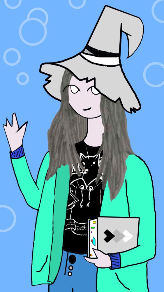 A cute human* mage waving to you with her right hand. The art is a good attempt by a beginner using a drawing app: Aesthetically. She has a pointy gray hat that folds twice angularly behind their head, with two/three tattered wrappings of black & white wrapped around the hat were it rests on her head. Their shirt is a Liberal Art Unicorn by PBS Idea Channel (no longer available). She has a green coat with at the ends purply-blue wrists, with blue jeans including three buttons that are black, gray, and white in order. And in her left arm she carries a book held sideways resting with some sticky tabs and a book mark sticking ou, and the logo is three hearts to the light gray cover the top Black, followed by a medium Gray, and White bottom.

The background is a light blue with a few hovering faded white circles.

This mage smiles to you with her wave welcomely.