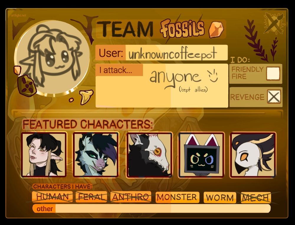  Art Fight intro page, showing my username, the fact that I'll attack anyone, and won't do friendly fire. At the bottom of the page is a list showing headshots of 5 of my characters whom I've chosen to feature this year: Hesper, Jax, Clover, CYP1A-2, and Orias.