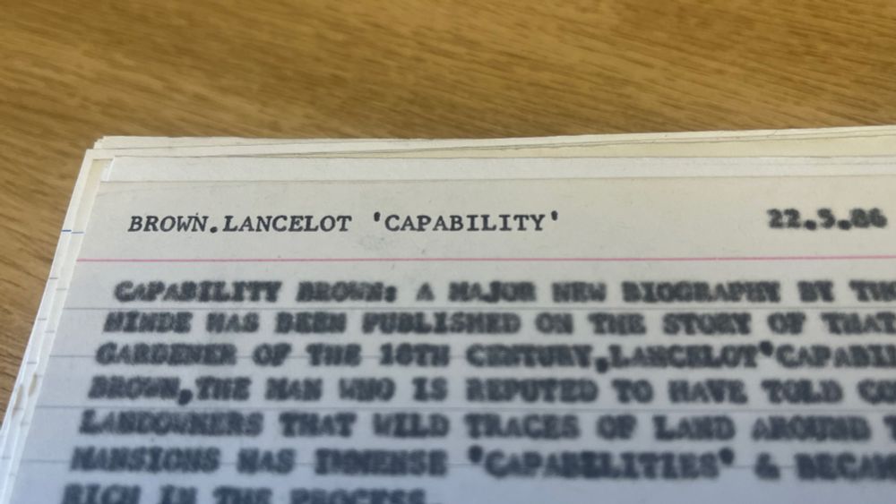 an old TV index card with the header reading BROWN.LANCELOT 'CAPABILITY'