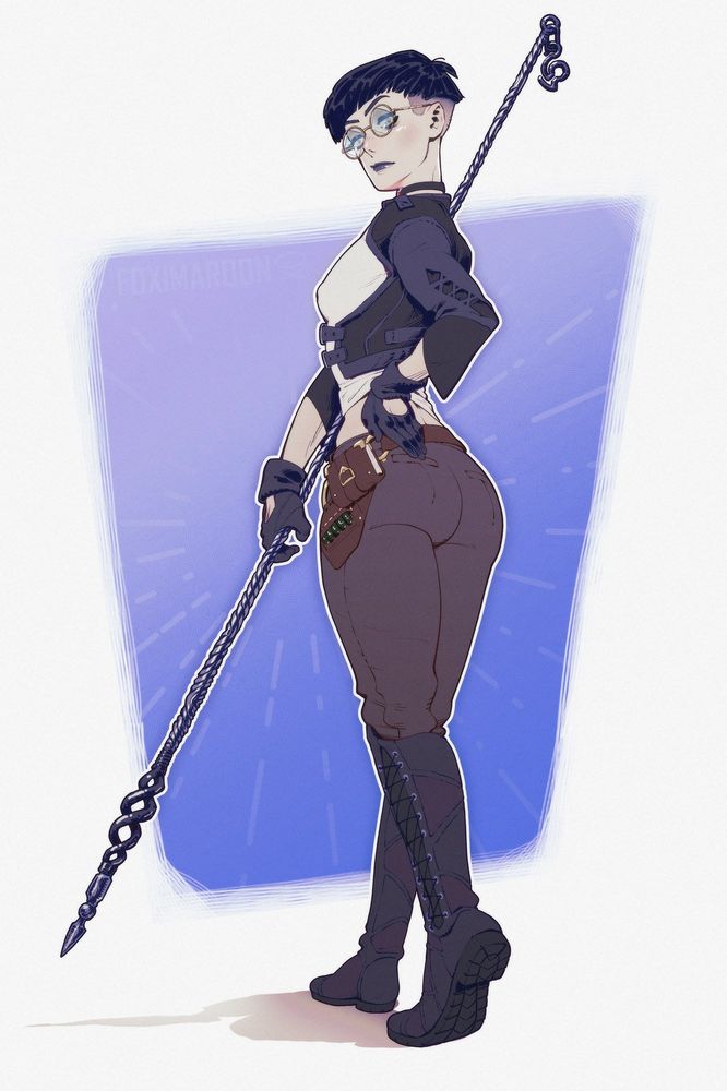 An illustration of a gothic female wizard. Her legs are facing away from the viewer, but turning backwards to look at them. She is wearing strange glasses, and has an undercut bowlcut in the style of a page boy. She is wearing a cropped white shirt and a vest with long sleeves and gloves, and her tight pants show off her butt before tucking into tall boots that lace up the sides.