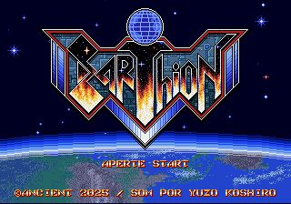 Tela título do videojogo Earthion, com uma imagem do planeta Terra e as frases "Aperte Start" e "Copirraite Ancient 2025 / Som por Yuzo Koshiro".