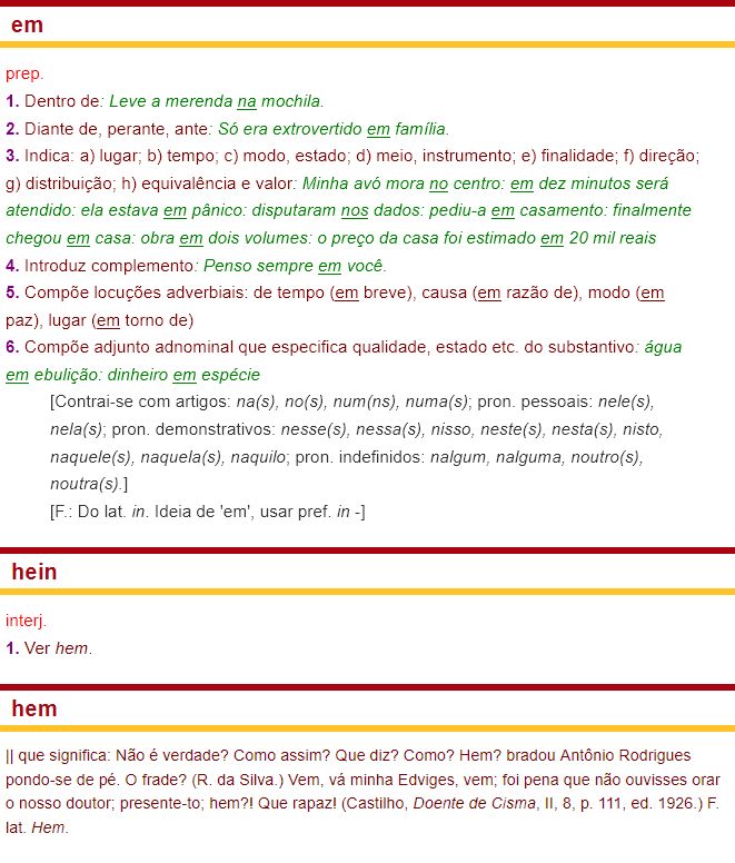 Imagem das entradas "em", "hein" e "hem" no dicionário e suas acepções.