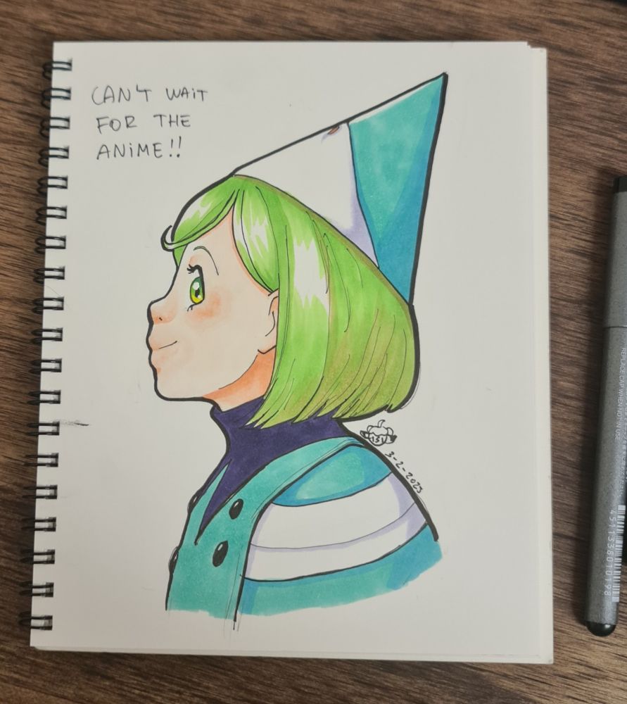 A traditional illustration of Coco from Witch Hat Atelier with alcohol markers. Coco is a girl with chin length green hair and light skin. She's wearing a pointed witch hat without a brim and a cape, both of which are teal. She's standing to the side in a profile view, looking at the viewer. On the top left corner of the page, there's text saying "Can't wait for the anime!!".
