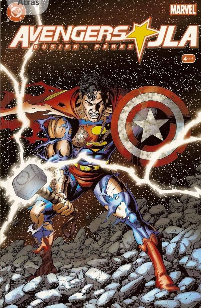 Superman sostiene el escudo del Capitán America y el Martillo de Thor en Avengers vs JLA número 4, arte de George Pérez. 