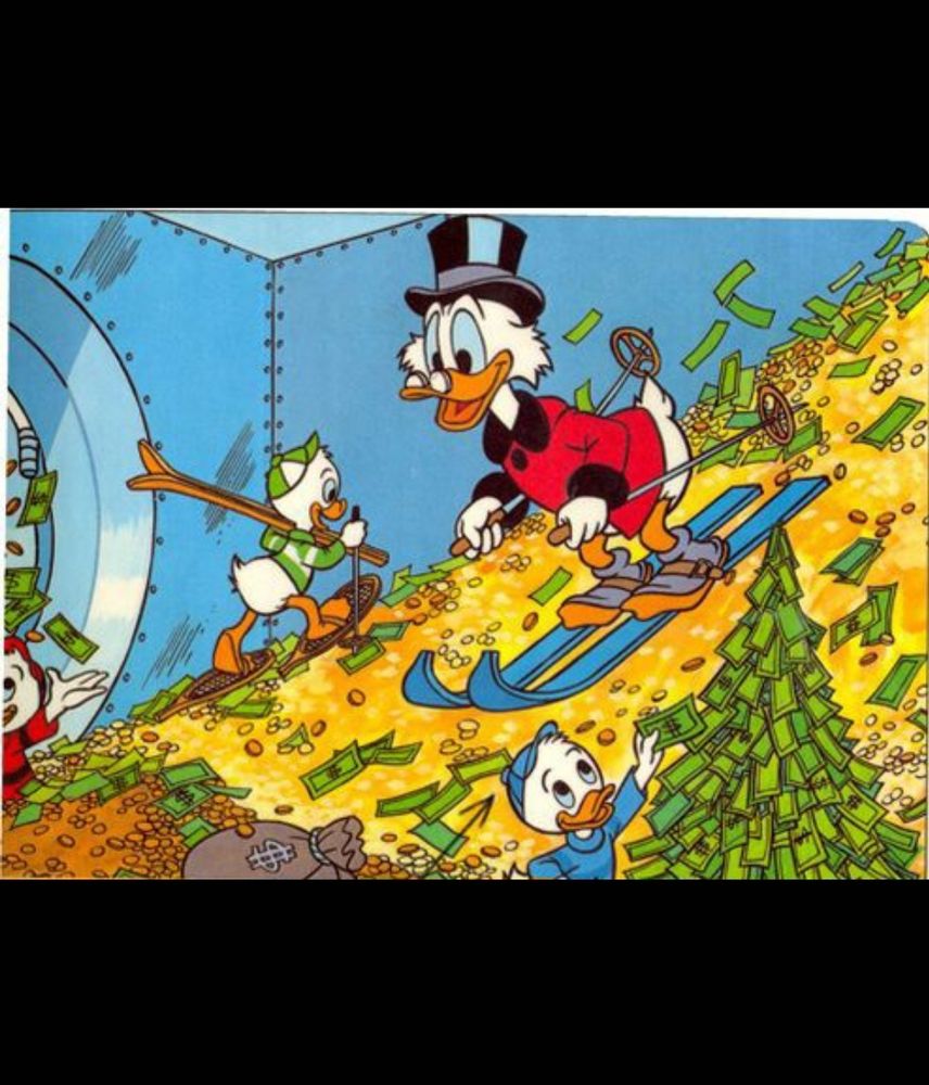 This image shows a colorful cartoon scene featuring cartoon duck characters sliding down a mountain of gold coins and money.