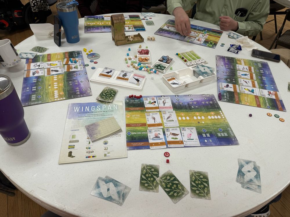 A big round table filled with board game pieces for the game wingspan. 