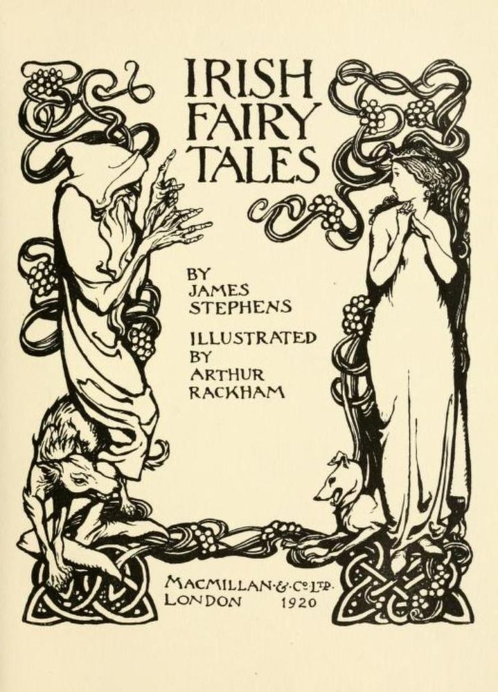 Buchcover "Irish fairy tales" von James Stephens, 1920. Das Cover ist im Jugendstil gehalten und zeigt eine Figur mit Umhang und Bart, um die ein knurrender Wolf streicht und auf der anderen Seite eine zweite Figur in einem Kleid, zu deren Füßen ein knurrender Hund liegt.