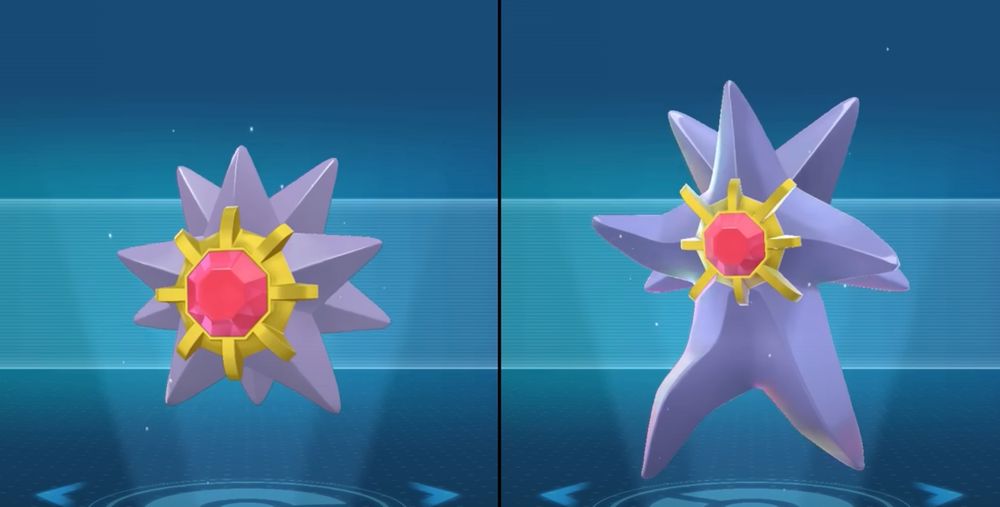 two pokemon side by side. on the left is Starmie, a starfish pokemon. on the right is its mega evolution, which is just Starmie with longer legs