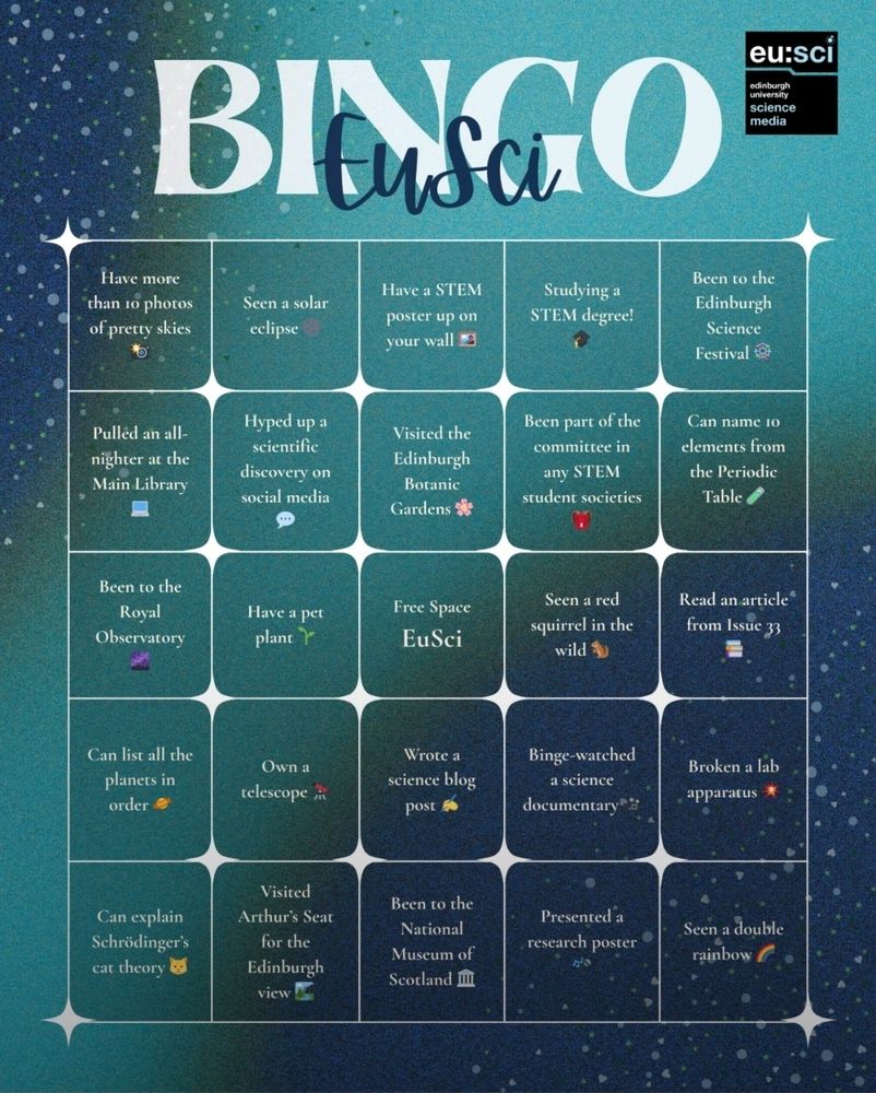 A colorful Bingo card titled 'EuSci Bingo' with squares featuring various science-related activities. The activities include 'Have more than 10 photos of pretty skies,' 'Seen a solar eclipse,' 'Have a STEM poster on your wall,' 'Studying a STEM degree,' 'Been to the Edinburgh Science Festival,' 'Pulled an all-nighter at the Main Library,' 'Hyped up a scientific discovery on social media,' 'Visited the Edinburgh Botanic Gardens,' 'Been part of the committee in any STEM student societies,' 'Can name 10 elements from the Periodic Table,' 'Seen a red squirrel in the wild,' 'Read an article from Issue 33,' 'Can list all the planets in order,' 'Own a telescope,' 'Wrote a science blog post,' 'Binge-watched a science documentary,' 'Broken a lab apparatus,' 'Visited Arthur’s Seat for the Edinburgh view,' 'Been to the National Museum of Scotland,' 'Presented a research poster,' and 'Seen a double rainbow.' The card also has a free space marked as 'EuSci' in the center.