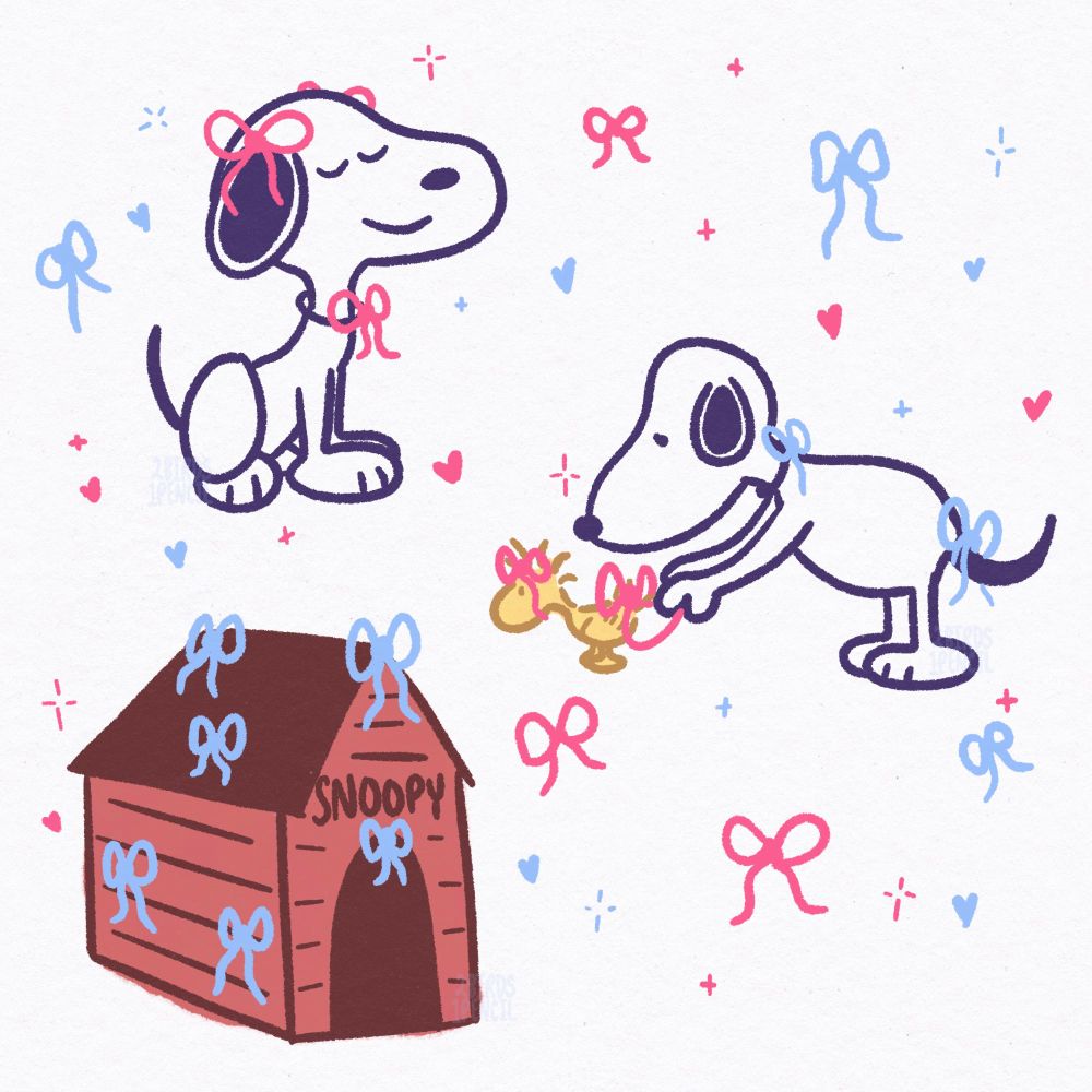 Doodles of Snoopy the dog and related things. The first doodle is Snoopy sitting, looking proud, with several pink bows on him. The second is Snoopy with several blue bows tied to him, leaning down and tying a pink bow on Woodstock the bird. The last doodle is Snoopy's red dog house is 3/4 view, with lots of blue bows on it. Surrounding the doodles are pink and blue bows, as well as hearts and sparkles.