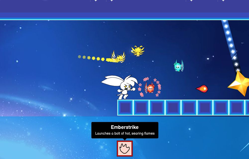 A screenshot from a video game. The player character is using one of their summoned star companions to cast a fireball.