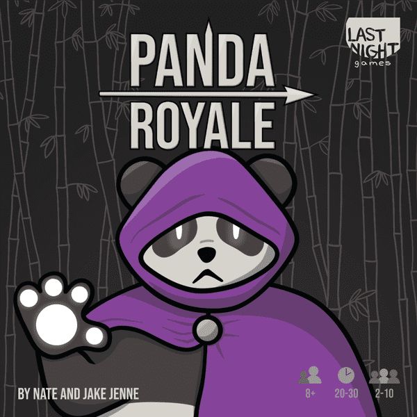 The box art for the board game Panda Royale, designed by Nate and Jake Jenne. It has a panda in a purple hood with one paw raised