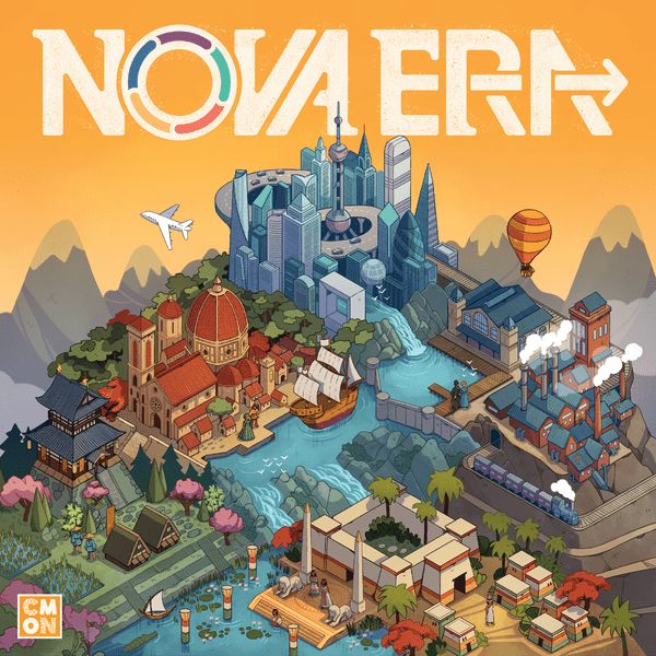 Box art for Nova Era. It shows a city separated in square districts, each representing a different country or region from history, I.e. a pagoda near rice fields or a train near a trainyard and factory.