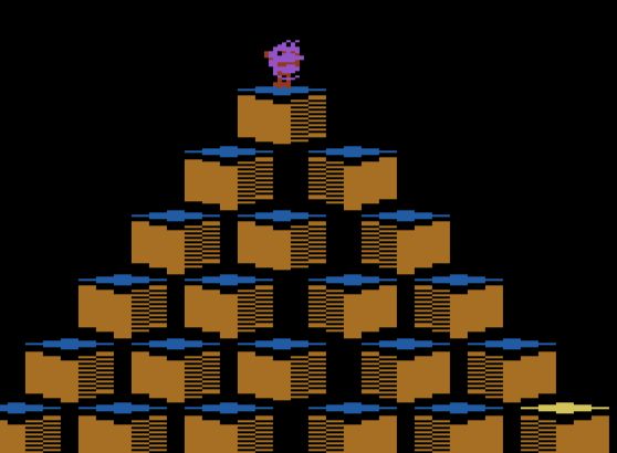 A screenshot of Q*Bert for the Atari 2600. The purple snake Coily constricts Q*Bert atop a pyramid of cubes.