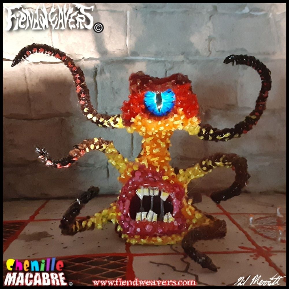 A pipe cleaner figure I built of a Roper from Dungeons and Dragons. The Roper is a somewhat amorphous brown-yellow monster with six tentacles, a single eye, and a huge mouth. This figure has the mouth at the base of its trunk, surrounded by four tentacles, while its angry blue eye and two longer tentacles crane from a neck. It measures 3" (7.62 cm) high.